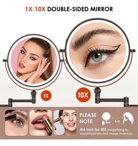 Espejo De Maquillaje Imikona 9” Pared Luz Led 1x 10x Bronce