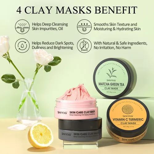 Set 4 Mascarillas Arcilla Shvyog Turmeric Vit C Green Tea