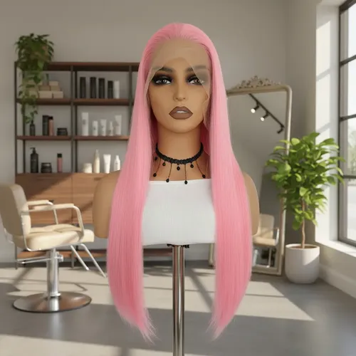 Peluca Lace Front Adiolacba Premium Símil Natural 70 Cm Tamaño De La Base Regulable Tono Rosa Chicle