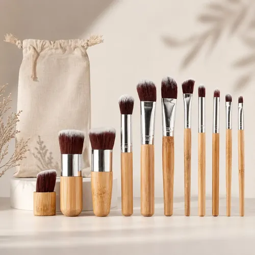 Set Juego De Brochas  Maquillaje Completo Con Mango De Bambú