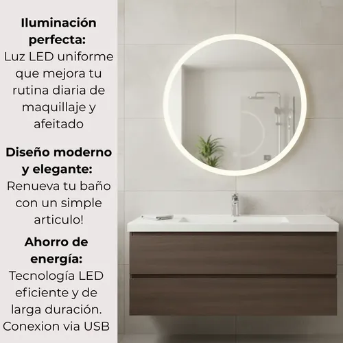 Espejo Circular Con Luz Led Baño Redondo Tocador 60cm