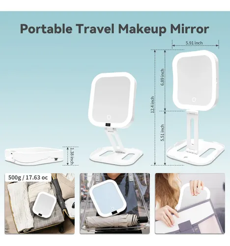 Espejo De Maquillaje Sanycasa, 10 Luces Recargables Y Plegab