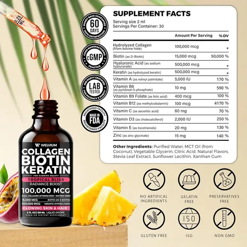 Colageno Liquido Biotina Keratina Welvium 60 Ml 100000 Mcg