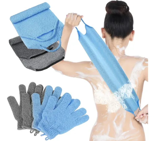 Set 4 Exfoliantes Ducha Guantes Toallón Gris Y Azul