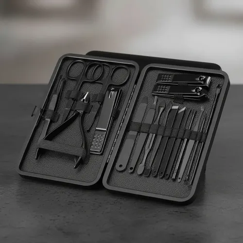 Set Estuche Manicura Pedicura 19 Pzas Negro Acero Inoxidable