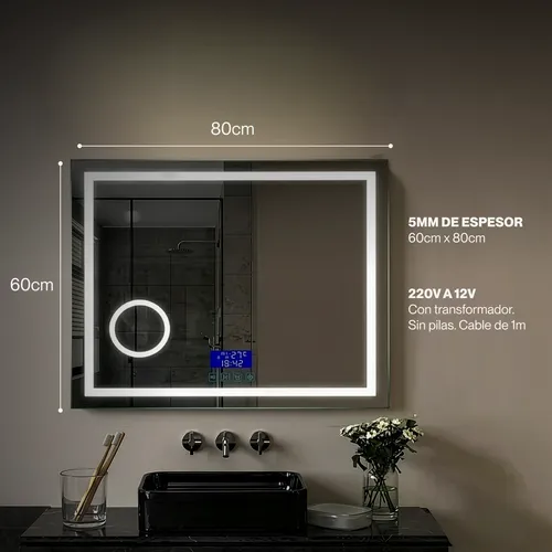 Espejo Bluetooth Luz Led Desempañador Baño Rectangular 60×80