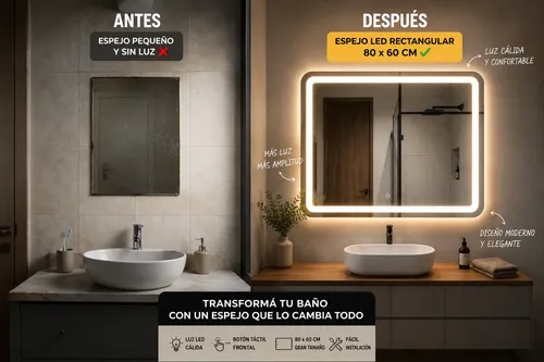 Espejo Led 60x80cm Botón Frontal Luz Calida Rectangular Baño
