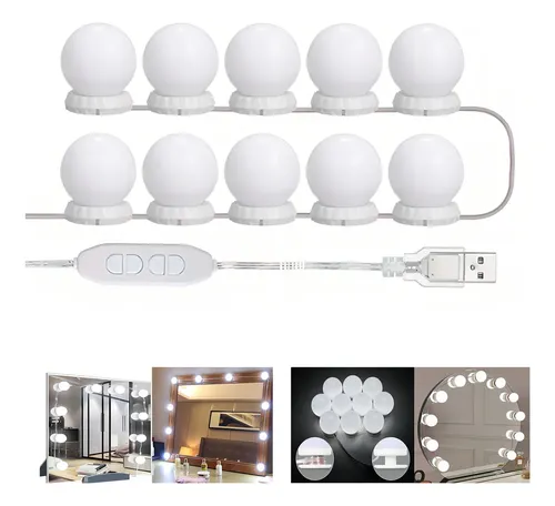 A Kit 10 Espejo Vestidor Luz Led Maquillaje 3 Tonos ,