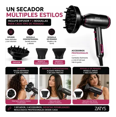 Secador De Pelo Profesional Difusor Silencioso 1500w Zatys Negro