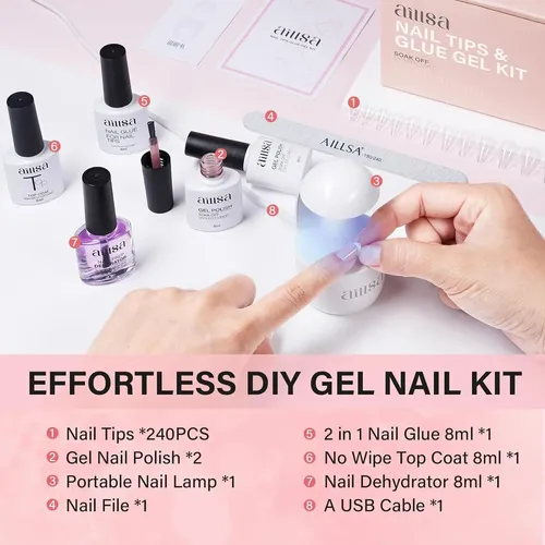 Kit Uñas Gel 240 Tips Cortos Con Lámpara Uv Y Pegamento