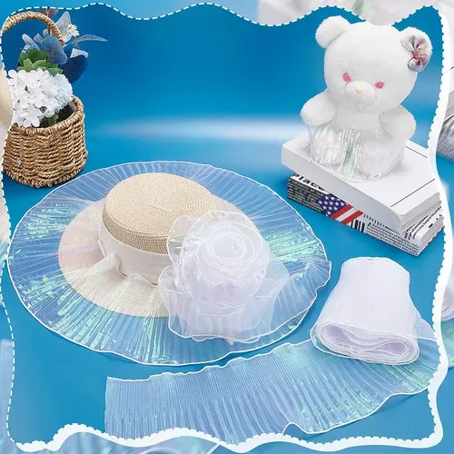 1 Juego De Cintas De Encaje Plisadas De Organza De Color Deg White With Gradient Iridescent Colors Pleated