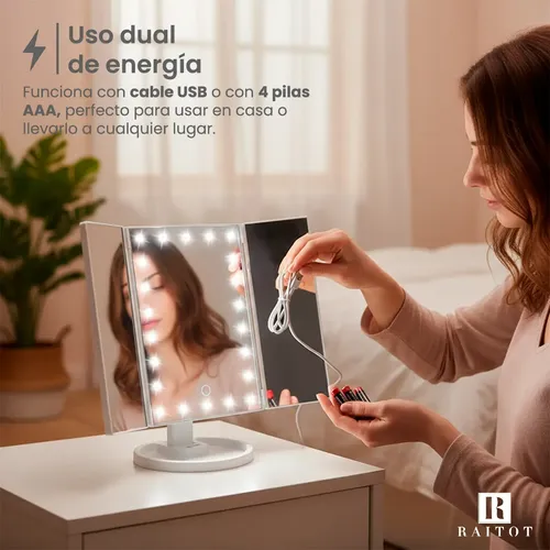 Espejo Aumento Luz Maquillaje Giratorio Tactil Touch Mesa Marco Blanco