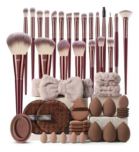 Set 48 Brochas Y Esponjas Maquillaje Profesional Café