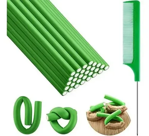 Pack de 30 Ruleros Flexibles de Goma para Cabello con Peine, Verdes