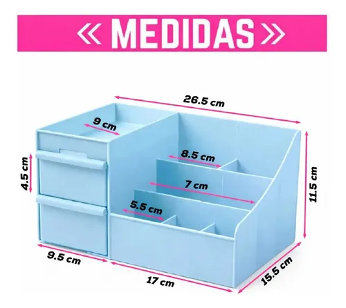 Organizador Maquillaje y Cosméticos Celeste Oh My Shop 7 Compartimientos 2 Cajones