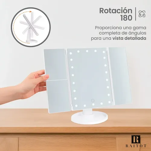 Espejo Aumento Luz Maquillaje Giratorio Tactil Touch Mesa Marco Blanco
