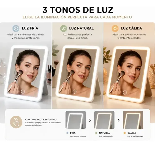 Espejo Grande Maquillaje Luz Led 3 Tonos Táctil
