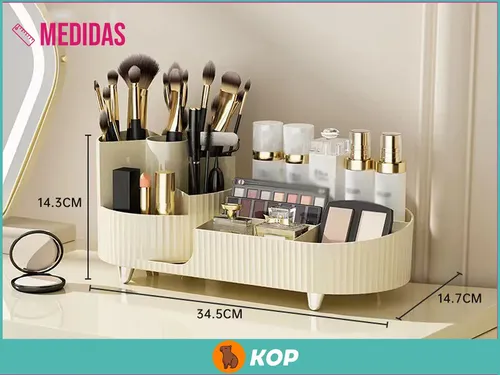 Organizador de Maquillaje con Porta Brochas Giratorio 360° en Beige