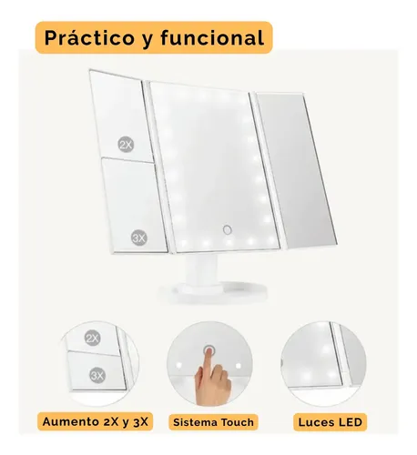 Espejo Maquillaje Pantalla Táctil Luz Led Giratorio Aumentos