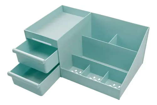 Organizador de Maquillaje con 2 Cajones para Escritorio Celeste