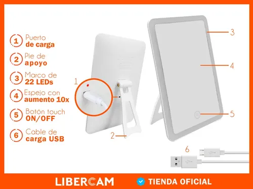 Espejo Luz Led Tactil Cuadrado LIBERCAM RESP-10 Maquillaje Carga Usb Color Blanco