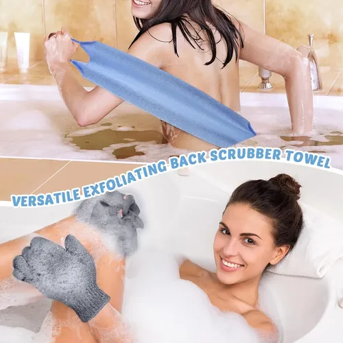 Set 4 Exfoliantes Ducha Guantes Toallón Gris Y Azul