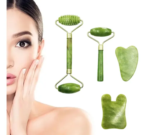 Set Masajeador Facial Gua Sha Y Rodillo Meluvora Verde