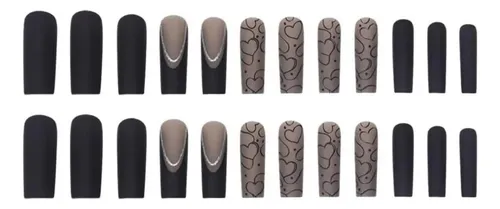 Kit De Uñas A Presión Largo Cuadrado Mate Negro Francés