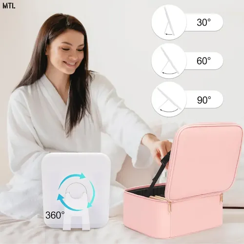 Organizador Mtl Portátil Luz Led Espejo Accesorios Pu Viajes