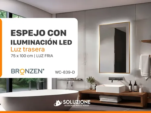 Espejo Premium Luz Led Trasera Borde Dorado 75cm X 1 Metro