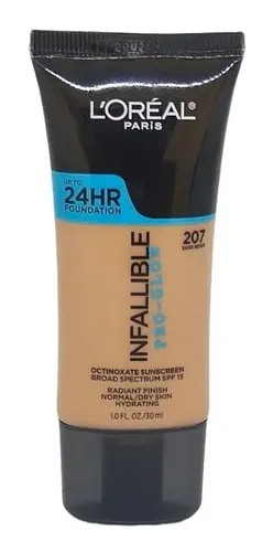 Base de maquillaje líquida L’Oréal Paris Infallibe Pro – Glow Infallible pro glow Base De Maquillaje Infallible 24 Horas Pro-Glow tono 207 sand beige – 30mL