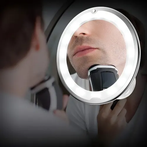 Espejo Circular Aumento X10 LED 20 Luces Fría Rotación 360° Ventosa Plateado