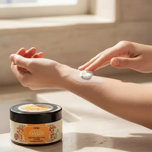 Crema con Caléndula, Aloe Vera Y Alfalfa Hierbas del Oasis Humecto Nutritiva x 250gr Vegan Sin Parabenos