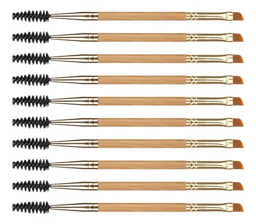 Juego De 10 Uds De Brochas Para Cejas, Cepillo De Pestañas Beige (wooden Handle) With Gold Ferrule And Black Spoolie