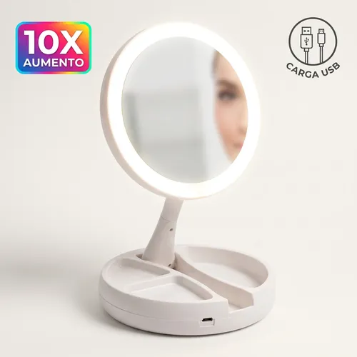 Espejo Plegable Luz Led Maquillaje Doble Faz Aumento Tocador