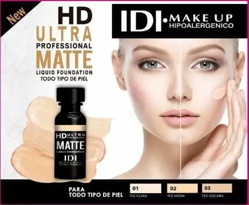 Base Maquillaje Líquida IDI Make Up HD Ultra Matte Tono 1 Alta Cobertura