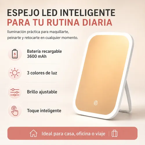 Espejo Maquillaje Led Recargable 23cm 3 Tonos Luz