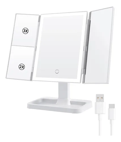 Espejo De Maquillaje Con Luz Led Trifold 3 Colores 30.5cm