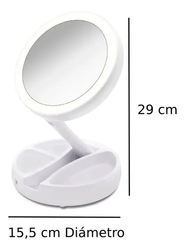 Espejo Luz Led Maquillaje Recargable Plegable Redondo Pilas Blanco