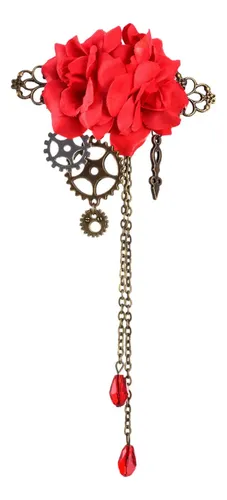 Clip Floral Steampunk Lolita Gear Rose Para El Cabello Rojo