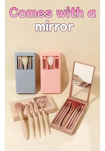Set De 5 Pinceles De Maquillaje Con Espejo Y Estuche Vegano