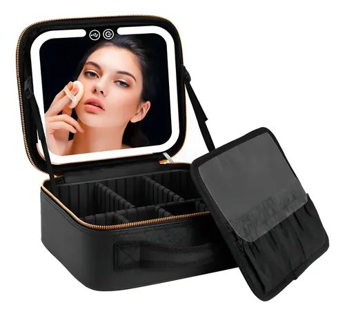 Porta Cosméticos con Espejo LED Recargable USB para Maquillaje, Negro