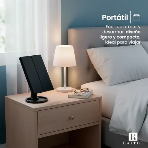 Espejo Aumento Luz Maquillaje Giratorio Tactil Touch De Mesa Marco Negro Raitot