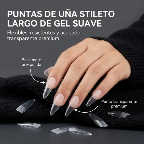 Tips Soft Gel Stiletto Transparente 504 Unidades 12 Tamaños