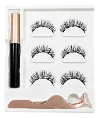 Kit X6 Pestañas Postizas Con Delineador Magnético Y Pinza 05 D 1 Cm 3.5 Cm