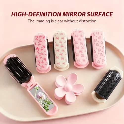 Cepillo Plegable Compacto Con Espejo Rosa
