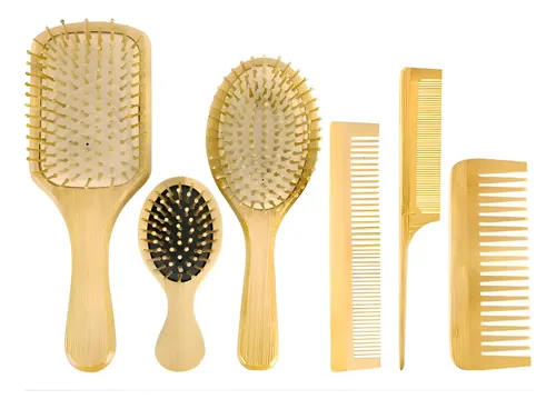 Kit 6 Cepillos Y Peines De Bambú Antifrizz