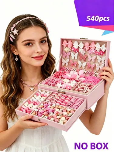 Set 540 Piezas Hebillas Y Gomitas Para Pelo Rosa Claro