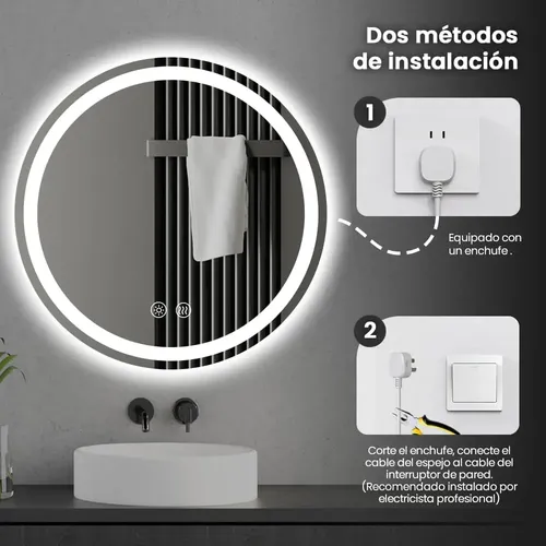 Espejo Led Baño Redondo 60x60cm, Táctil Moderno
