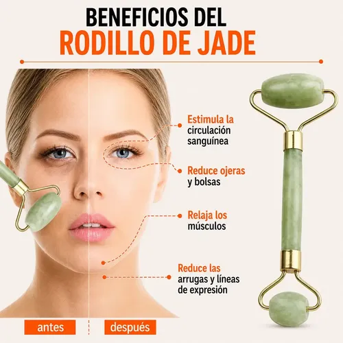 Kit Rodillo Masajeador Facial + Piedra Gua Sha Jade Roller Verde Jade